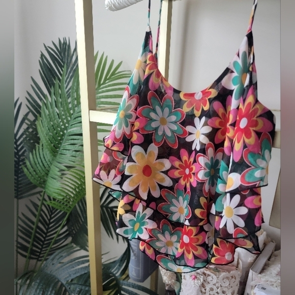 Multi Color Tiered Floral Print Tank Top in Women's Size Small - Picture 2 of 7